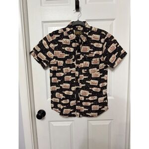 Dark Seas Mens Small Black Ship In A Bottle Print Short Sleeve Button Up Shirt